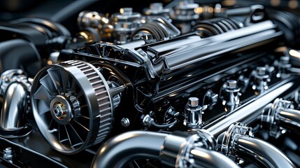 An engine's cooling fan and radiator, emphasizing the components responsible for maintaining optimal engine temperature.