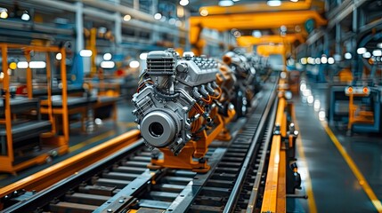 A powerful truck engine being assembled on a production line, demonstrating the scale and efficiency of modern manufacturing processes.