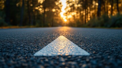 A white arrow pointing upwards on a road