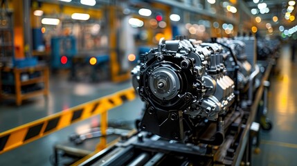 Fototapeta premium A powerful truck engine being assembled on a production line, demonstrating the scale and efficiency of modern manufacturing processes.