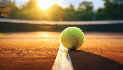 PrintA tennis ball rests on a clay court bathed in the warm glow of the setting sun, highlighting the game's serene atmosphere and the day's end