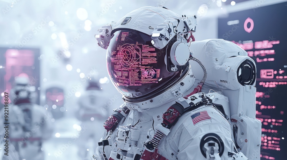 Poster Futuristic AI-Powered Exploration Rover on Alien Planet with Holographic Displays and Data Streams - Concept of AI in Space Exploration, Generative Ai