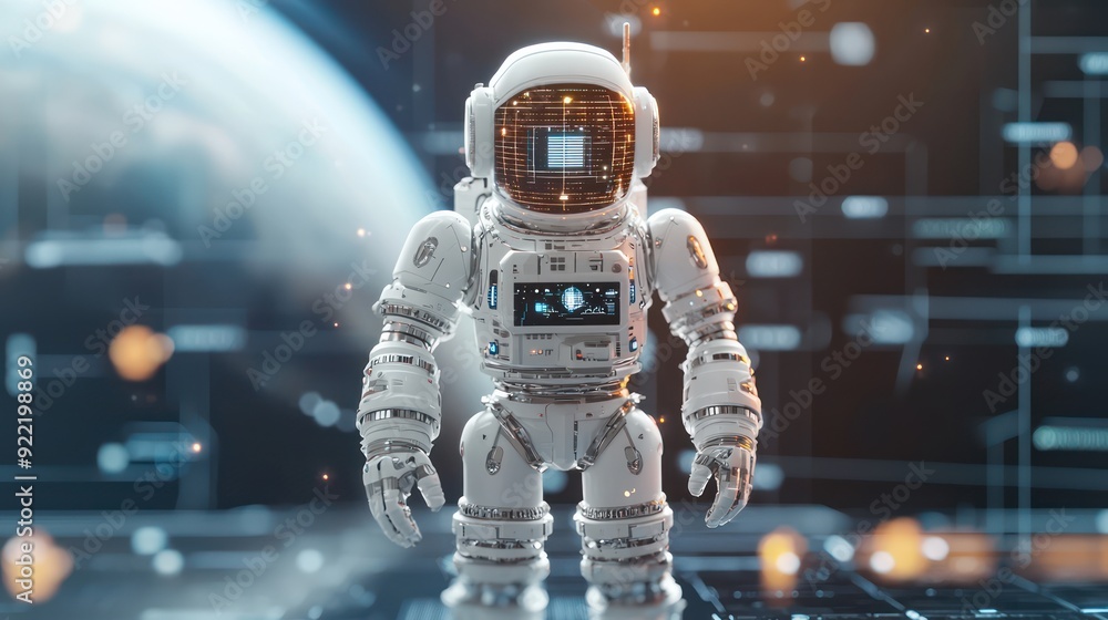 Poster futuristic ai exploration rover on alien planet with data streams and holographic displays - concept