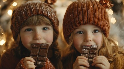 children nibbling on chocolate bars in a festive setting. The lighting and the image make it look bright.