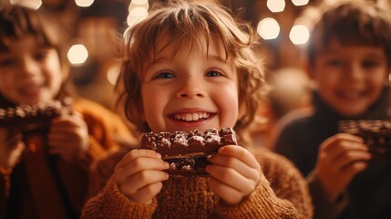 children nibbling on chocolate bars in a festive setting. The lighting and the image make it look bright.