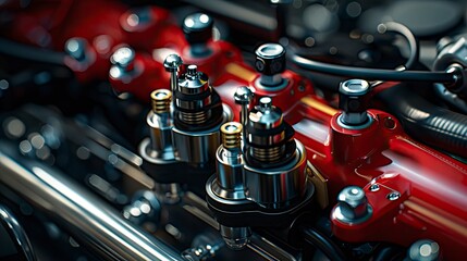 Obraz premium A close-up of an engine's fuel injectors and rail, highlighting the precision in fuel delivery and the importance of clean injectors for performance.