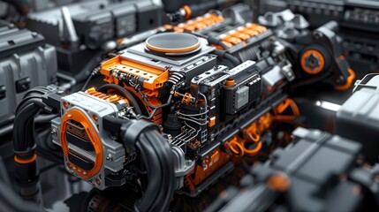 Fototapeta premium A hybrid engine's inverter and power electronics, illustrating the advanced technologies used to manage multiple power sources in modern vehicles.