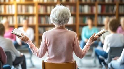 An elderly Caucasian woman leads a book discussion group, holding two books while facing an engaged audience in a cozy library setting.