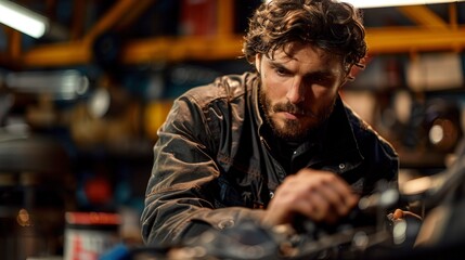 Fototapeta premium A technician performing an oil change on an engine, highlighting the routine maintenance tasks essential for engine health and longevity.