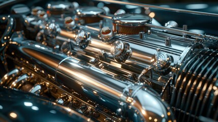 A classic car engine with chrome details and polished components, capturing the beauty and craftsmanship of vintage automotive design.