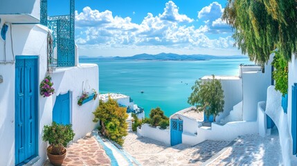 Panoramic landscape with typical white blue houses and beautiful view of seaside. Sidi Bou Said, Tunisia, North Africa 