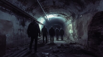 Five Figures Walking Through a Dark Tunnel