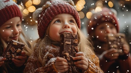 children nibbling on chocolate bars in a festive setting. The lighting and the image make it look bright.