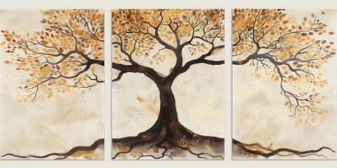 Set of 3 wall art panels with abstract oak tree prints in warm amber, soft sage, and dark brown, on pale cream background, painting, close up, split into three on white background 