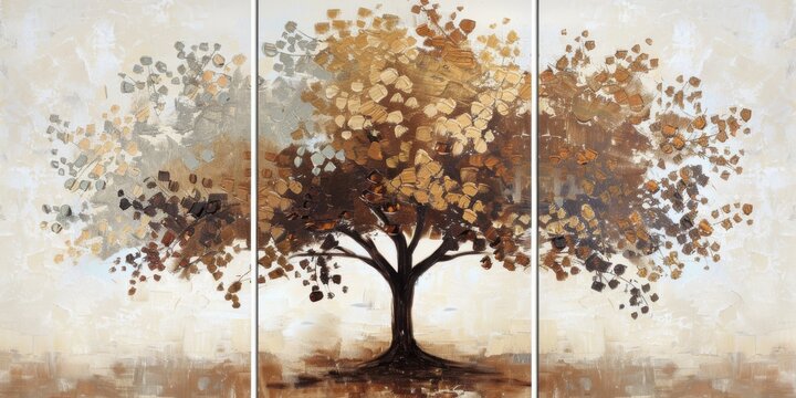 Set of 3 wall art panels with abstract oak tree prints in warm amber, soft sage, and dark brown, on pale cream background, painting, close up, split into three on white background