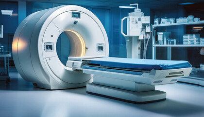 A modern MRI scanner in a medical room equipped with medical supplies and devices, ready for imaging procedures to diagnose various conditions.