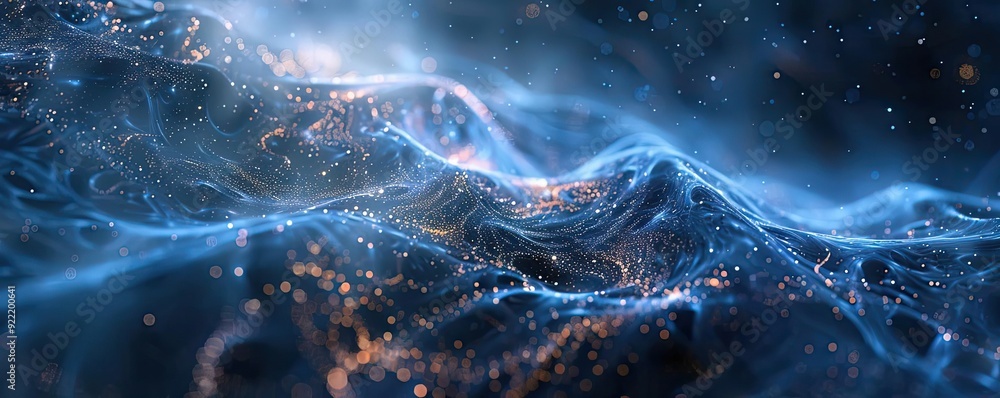 Poster abstract cosmic waves with glowing lights, creating a tranquil and mysterious atmosphere in deep blu