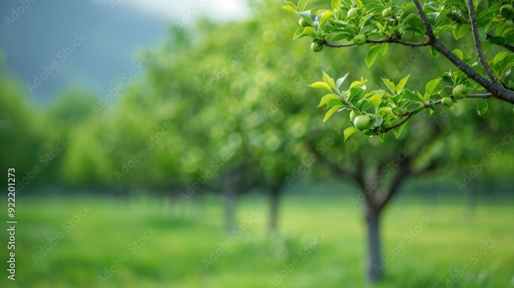 Poster lush verdant orchard with various tree pruning techniques demonstrated in a deep depth of field show