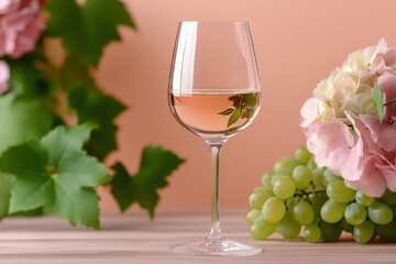 Elegant rose wine in crystal glass with grapes flowers