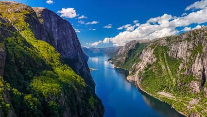 Majestic Fjords of Norway Stunning Aerial View Showcasing the Scenic Beauty of Lysefjord