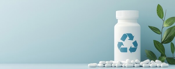 Safe medicine disposal, pill bottle with recycle symbol, flat design illustration