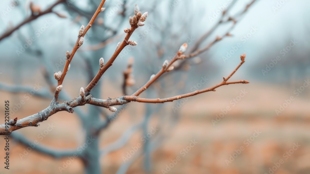 Poster intricate tree branches with delicate buds and blossoms in the serene blurred setting of an orchard 