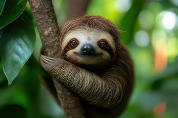 closeup portrait of twotoed sloth hanging from tree branch lush rainforest background gentle expression