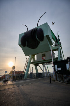 Old drawbridge in the shape of a grasshopper on a summer evening in the Danish town of Karreb&aelig;ksminde.