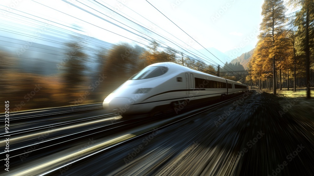 Poster A high-speed train racing through a scenic landscape, with motion blur emphasizing the speed and efficiency of modern rail transport.