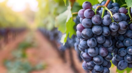 Naklejka premium Closeup view of freshly harvested ripe purple grapes in a lush verdant vineyard with deep depth of field and natural bokeh effect