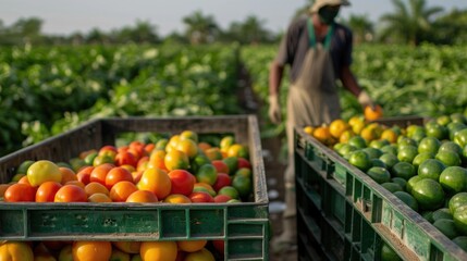 Crates of bountiful ripe tropical fruits and vegetables on display at a local outdoor produce distribution market set against a lush green agricultural landscape