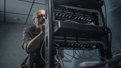 Male network administrator works in server room using tablet computer. Mature specialist inserts cable into server rack equipment. Operation of information systems and networks. Data storage center.