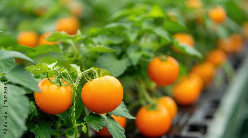 Poster closeup view of organic fruit cultivation techniques in use showing deep depth of field with tomatoe