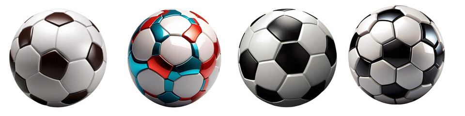 Set of 3D soccer ball icons in different colors and shapes, with white background (no background).