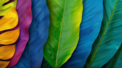 Spectrum of Nature: A vibrant collage of tropical leaves and banana leaves explodes with color, transforming the ordinary into a captivating celebration of nature's artistry. 