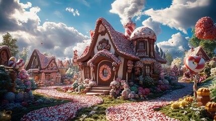 chocolate house in a candy town. Daylight.