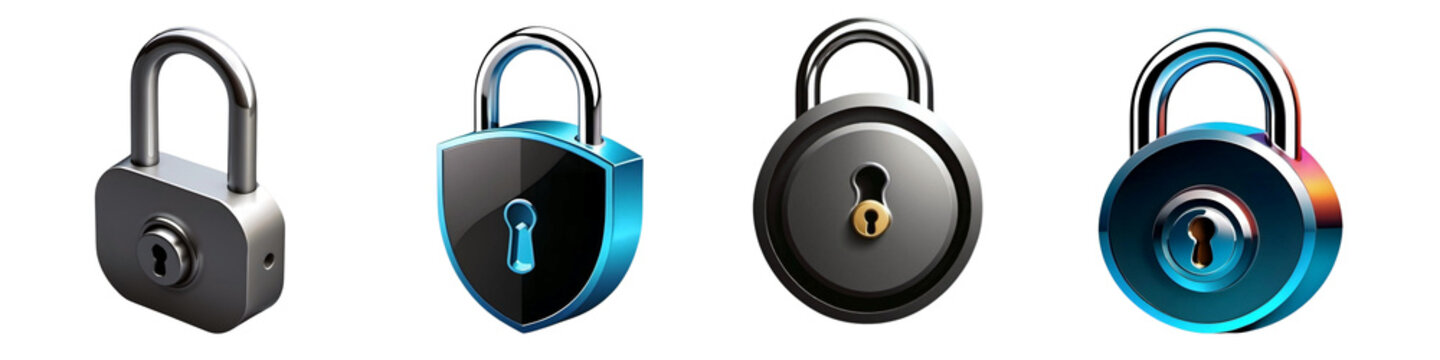 A set of 3D lock icons in different colors and shapes, with a white background (no background).