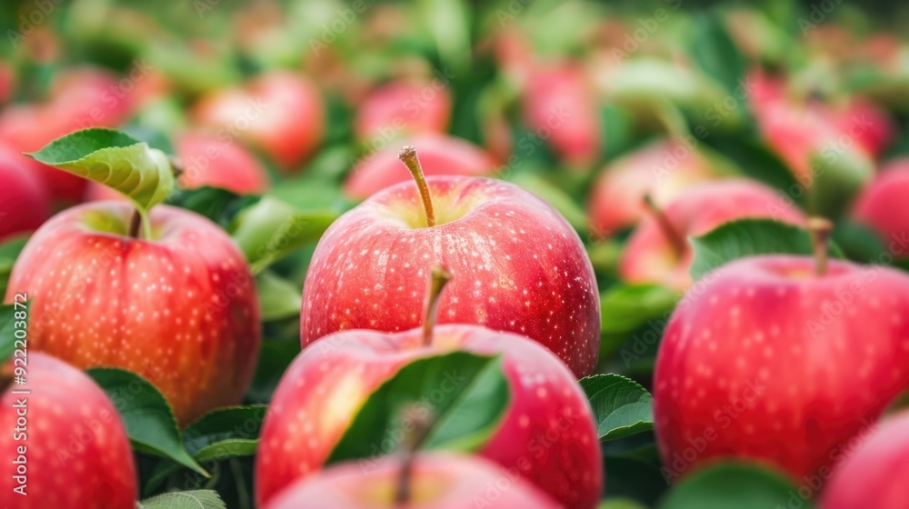 Aufkleber vibrant orchard with a deep depth of field filled with rows of lush green trees laden with a bountif