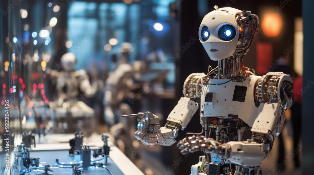 Poster A humanoid robot with glowing eyes interacts with display items in a technology exhibition at a museum.