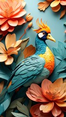 Obraz premium Illustration of tropical wallpaper print design with standing flamingos, tropical flowers and leaves. Tropical birds and plants on textured background.