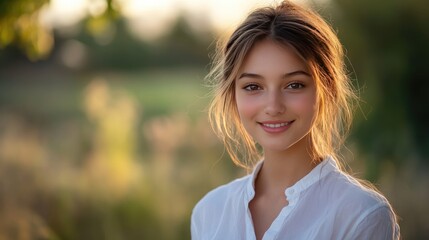 Fototapeta premium Young woman in a casual white shirt, gazing at the camera with a friendly and inviting smile, capturing a moment of natural beauty.