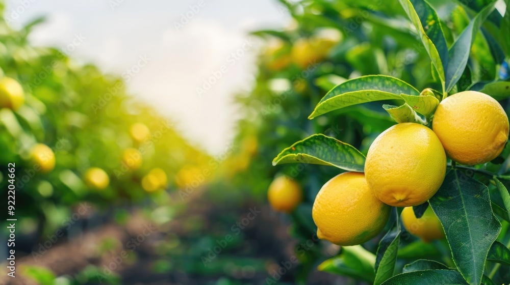 Poster lush citrus orchard with deep depth of field showcasing soil health management practices such as tes