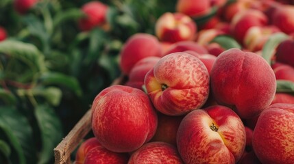 Ripe ruby red peaches freshly harvested from a lush flourishing orchard in a sunny summer garden  The peaches are plump juicy and brimming with natural sweetness
