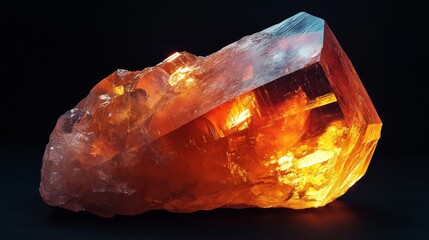 A studio-lit image of a translucent mineral with light passing through, highlighting its internal structure and patterns, captured in high resolution on a black solid background
