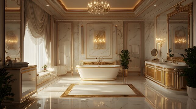 Luxurious gold and marble bathroom, freestanding bathtub, chandelier, large mirror, white and gold color scheme, elegant design, high-end interior, soft lighting.