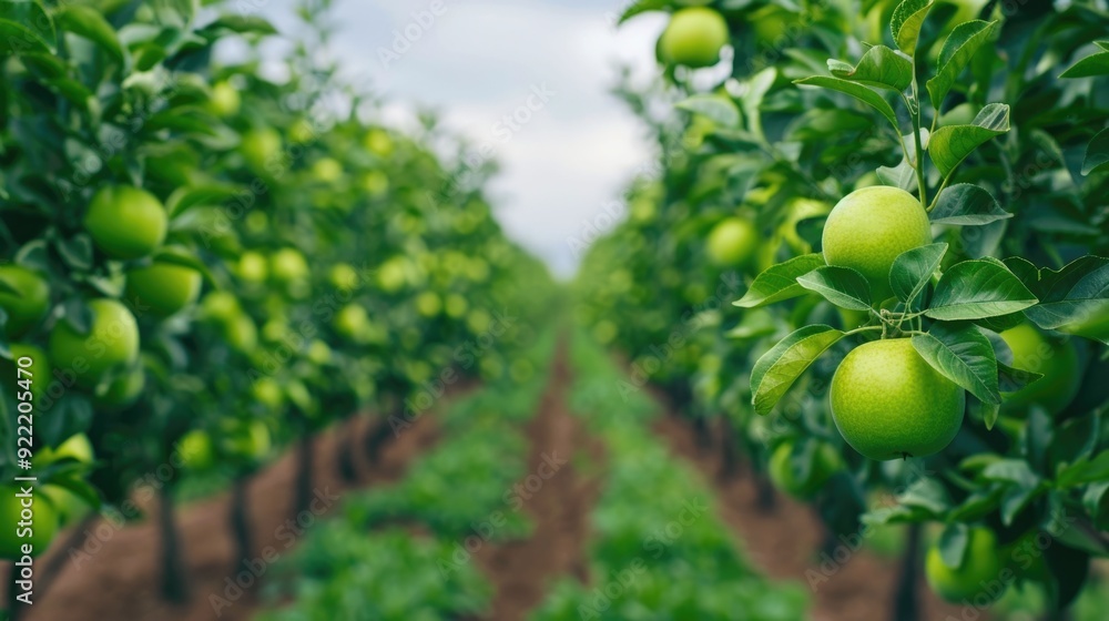 Poster lush and thriving apple and pear orchard with deep depth of field showcasing the abundance and vital