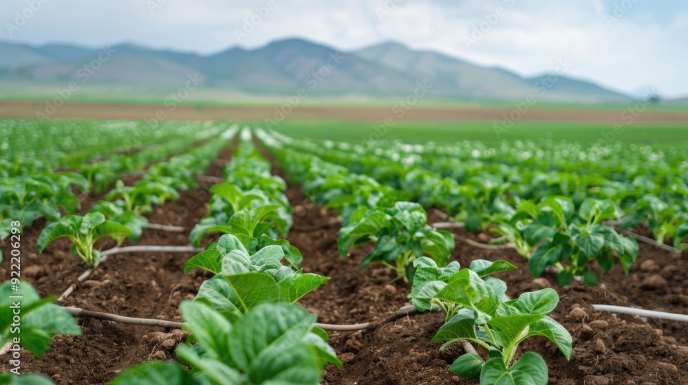 Poster scenic view of a verdant farm field with lush green vegetation and an efficient irrigation system in