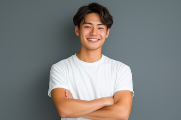 smiling asian man in white t-shirt with arms crossed against gray background