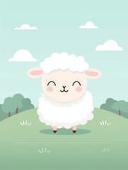 Obraz premium Lamb frolicking under a clear sky, minimalist approach, basic shapes, 2D vector, soft pastel tones