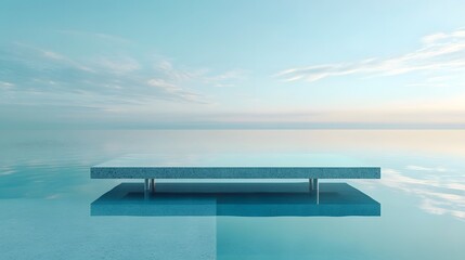 Fototapeta premium Minimalist surreal landscape, transparent glass table, infinite horizon, calm water surface, ethereal pastel blue sky, soft light, serene atmosphere, reflective surface, clean lines.